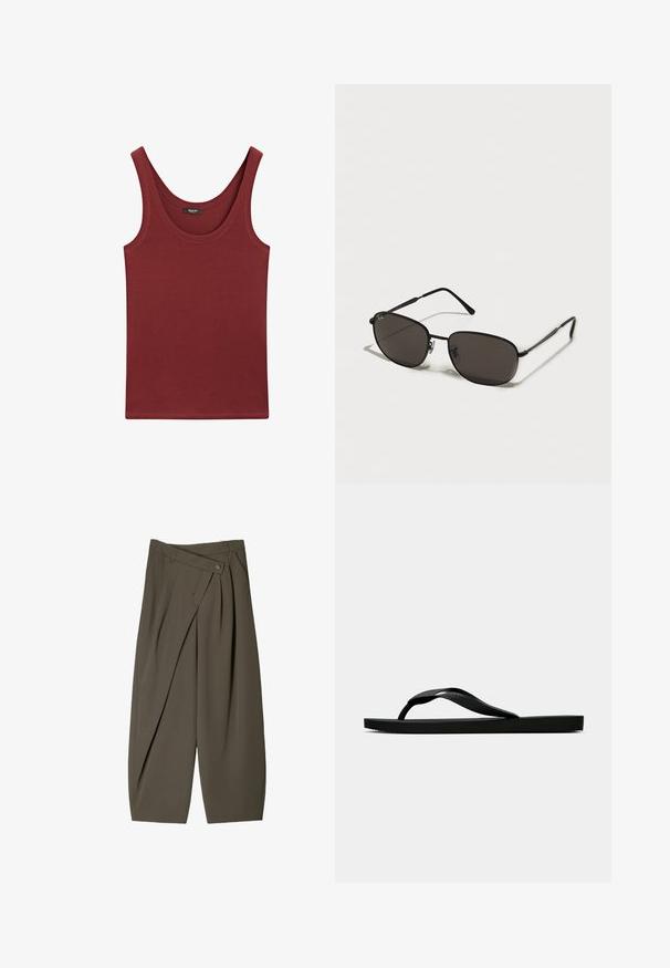 Burgundy sleeveless tank top made of soft cotton, featuring a scoop neckline and a regular fit with minimal stitching details.; Wide-fit trousers in dark olive green fabric, featuring a pleated front design, a button closure, and a polished, textured surface.; Black rubber flip-flop sandal with a textured thong strap and simple flat sole, shown from side on a plain light background.; Black metal sunglasses with oval frames, dark lenses, slim temples, and a subtle logo on the left lens. Elegant, minimalistic design.