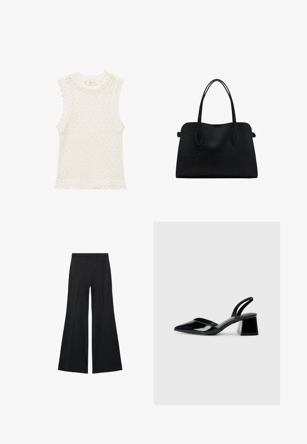 Pleteni top brez rokavov v slonokoščeni barvi z teksturiranim, odprtim tkanjem. Valovite obrobe na armholes in spodnjem robu dodajajo detajle.; Črne široke hlače z gladko teksturo, ki imajo sprednje nabore in kroj po meri. Tkanina je lahka in zračna.; Črne lakirane slingback pete s koničastim nosom in geometrijsko blokasto peto. Imajo eleganten, minimalističen dizajn in gladko teksturo.; Črna usnjena torbica z dvema naramnima trakoma, pravokotne oblike in minimalističnim dizajnom na beli podlagi.