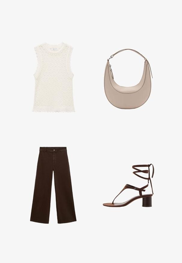 Knit sleeveless top in ivory with a textured, open weave design. Scalloped edges at the armholes and bottom hem add detail.; Brown wide-leg trousers in cotton blend, featuring a frayed hem, front button closure, and classic five-pocket design. Minimalistic and versatile.; Brown suede high-heeled sandal with a triangular toe strap, ankle ties, and a textured block heel for stability.; Beige leather shoulder bag with a crescent shape, smooth texture, and a single curved handle. Features a zip closure and neat stitching.