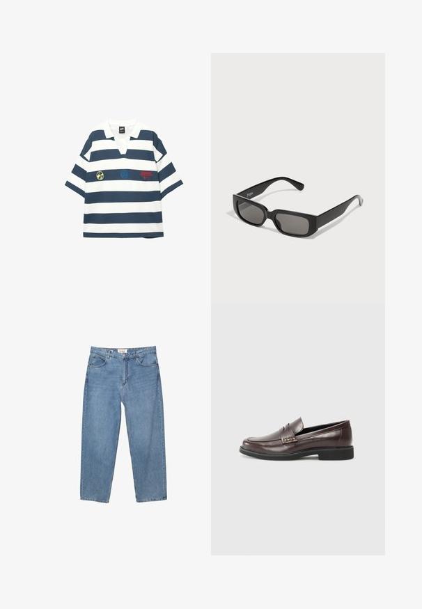 Stribet polo skjorte i marineblå og hvid, med korte ærmer og broderede logoer i gul og rød på forsiden.; Lysblå denim jeans med lige ben, fem lomme-designet og et synligt mærkeetiket ved taljen.; Brune læder loafers med en glat overflade, der har en subtil syningsdetalje på overdelen og en sort gummisål.; Sorte rektangulære solbriller med gråtonede linser, lavet af glat plastik. Har et minimalistisk design med lige arme og subtil branding.