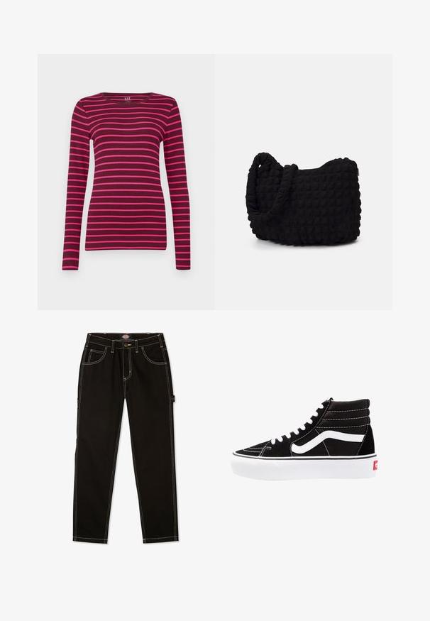 GAP CREW - Pitkähihainen paita - burgundy; Mustat farkut, joissa on vaaleat tikkaukset, viisi taskua ja merkki sivussa. Perusmalli, suora lahje.; Mustat korkeat tennarit valkoisilla nauhoilla, valkoisella logolla ja kontrastoivalla valkoisella ompelulla. Ominaisuuksiin kuuluu paksu valkoinen pohja ja teksturoitu mokkanahkainen päällinen.; Musta kangaspussi, jossa on teksturoitu, tikkikuvio. Pyöreä muoto, lyhyet, paksut kahvat ja pehmeä, joustava rakenne.; Hope-silver rengas, joissa on sileä ja kiillotettu pinta. Pyöreä muoto ja turvallinen napsautettava lukitus. Kevyt muotoilu sopii päivittäiseen käyttöön.