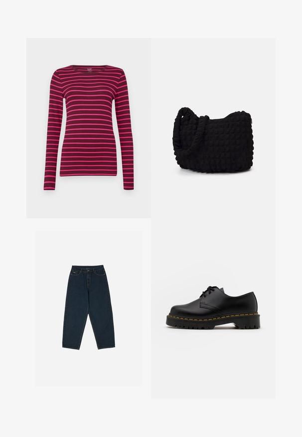 GAP CREW - Long sleeved top - burgundy; Dark blue high-waisted jeans with a relaxed fit, featuring five pockets and a button closure. Made from denim with a smooth texture.; Black leather lace-up shoe with a rounded toe, textured rubber sole, and yellow stitching around the base. Flat design and smooth finish.; Black fabric bag with a textured, quilted pattern. Rounded shape, short, thick handles, and a soft, flexible structure.