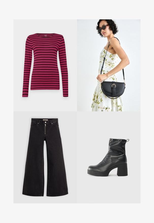 GAP CREW - Bluză cu mânecă lungă - burgundy; Jeans cu picioare largi din denim negru, cu fermoar în față, design cu cinci buzunare și detalii subtile de cusătură. Textură netedă și stil casual.; Bocanci negri de glezna din piele netedă, cu fermoar lateral, toc texturat și masiv, și design cu vârf rotund.; Geantă din piele neagră, cu o formă curbată, curea detașabilă și accesorii aurii. Geanta are un capac cu un detaliu tip cataramă.