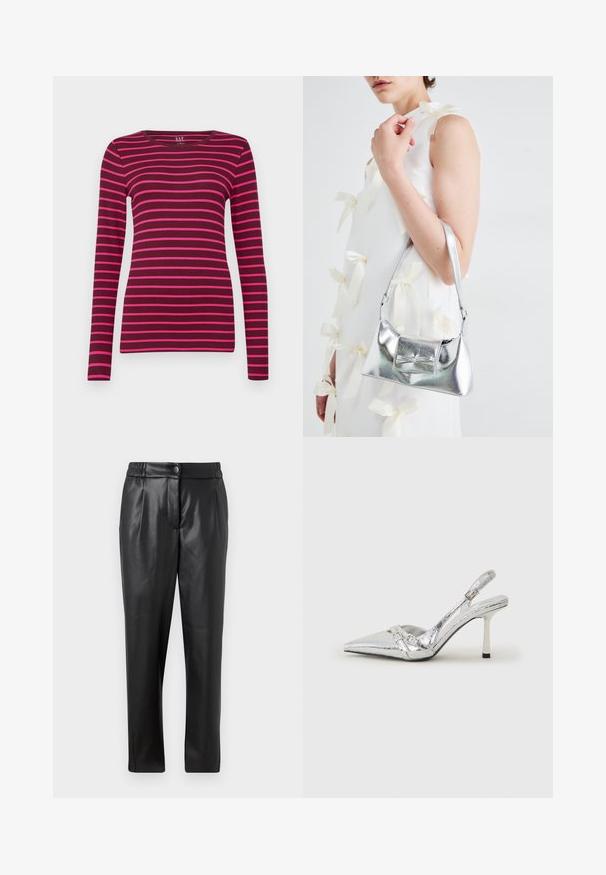 GAP CREW - Langarmshirt - burgundy; Schwarze Lederhosen mit glatter Oberfläche, geradem Schnitt, elastischem Bund und vorderem Knopfverschluss; gefaltete Details und schmal zulaufende Beine.; Silberner Slingback-High-Heel-Schuh mit spitz zulaufender Zehenpartie, metallic-finish, zwei dekorativen Riemen und einem schlanken Absatz mit schwarzer Spitze.; Silberne metallische Handtasche mit strukturierter Form, ausgestattet mit einem oberen Griff und einer Schleifenapplikation auf der Vorderseite. Glatte Textur, reflektierendes Finish.