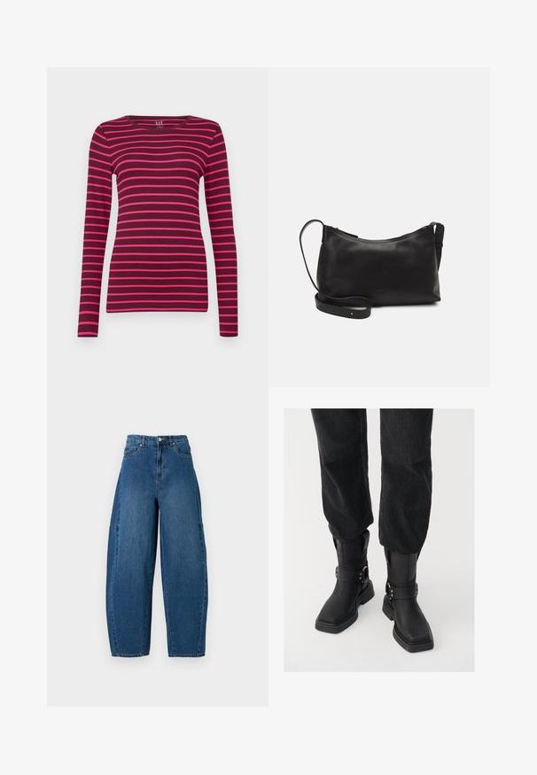 GAP CREW - Hosszú ujjú felső - burgundy; Közepes kék mosású farmernadrág, magas derékkal, széles lábszárral és hagyományos öt zsebes kialakítással, látható varrási részletekkel.; Fekete bőr bokacsizmák négyzet alakú orral, széles pánttal és fém csattal. A csizmák vastag talppal és sima felülettel rendelkeznek.; Fekete bőr válltáska sima felülettel, ívelt formával, állítható pánttal és cipzáras záródással. Minimalista dizájn díszítmények nélkül.