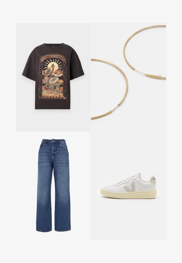 Černé oversized tričko s barevným grafickým motivem hada a květinovými prvky, s textem "RIPCURL" na spodní části a krátkými rukávy.; Džínové kalhoty s širokými nohavicemi vyrobené z modré středně těžké bavlněné látky. Mají klasický design s pěti kapsami a zip s knoflíkovým zapínáním.; Bílé kožené tenisky s béžovými semišovými akcenty, perforovanou špičkou, plochými tkaničkami a strukturovanou krémovou podešví. Obsahují jemné logo na patě.; Zlaté kruhové náušnice, tenké a kulaté, s hladkým kovovým povrchem a bez zdobení či vzorů.