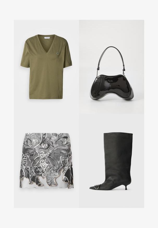 Olivgrön bomulls t-shirt med V-halsdesign och korta ärmar. Har en liten broderad krokodil-logotyp på vänster bröst.; Svart och vit mönstrad minikjol med abstrakta mönster, en vågig fåll och en mjuk tygstruktur med subtil lyster.; Svart läder ankelstövel med spetsig tå, liten klack och metallisk accentdetalj på tån. Slät, matt yta över hela skon.; Svart lackläderhandväska med unik böjd form, kort justerbar handtag och ett dragkedjestängd topp. Slät textur med diskret varumärke.