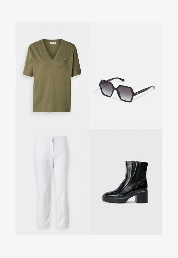 Olivově zelené bavlněné tričko s výstřihem do V a krátkými rukávy. Obsahuje malou vyšívanou nášivku krokodýla na levé části hrudi.; Bílé bavlněné kalhoty s rovnou nohavicou, s středně vysokým pasem a bez viditelných kovových prvků nebo vzorů. Hladká textura po celém povrchu.; Černé lakované kotníkové boty s zakřivenou špičkou, elastickými bočními panely a robustním blokovým podpatkem. Na zadní straně se nachází embosované logo.; Černé hexagonální sluneční brýle se stupňovitou čočkou, s lesklým povrchem a jemným logem na spánku. Odolná plastová konstrukce.