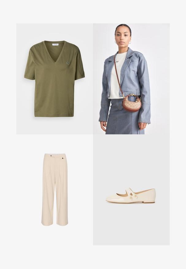 Olajzöld pamut póló V-nyakkal és rövid ujjakkal. A bal mellrészen található egy kis hímzett krokodil logo.; Beige, laza szabású nadrág, lapos elülső résszel, két oldalsó zsebből, gombos zárással és pliszírozott részletekkel, amelyek extra textúrát és dizájnt adnak.; Elefántcsont színű, patent bőr balettcipők két díszítő pánttal és arany gombokkal, lekerekített orral és alacsony blokk sárral.; Kicsi barna és bézs női táska klasszikus logó mintával, arany részletekkel és ívelt formával, farmerdzsekivel és szoknyával párosítva.