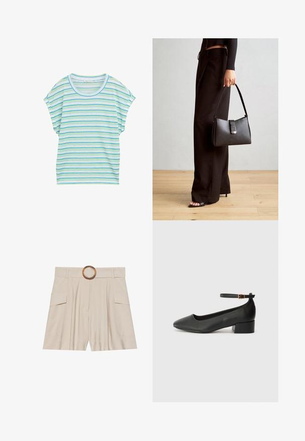 Prugasta majica kratkih rukava u svijetloplavoj, zelenoj i bijeloj boji. Ima okrugli izrez i slobodan kroj od mekanog, prozračnog materijala.; Bež kratke hlače visokog struka sa širokim ravnim pojasom, drvenom okruglom kopčom, plisiranim prednjim dijelom i dvije bočne džepove. Glatka tekstura tkanine.; Crne kožne pumpe s oštrim vrhom i niskom blok petom. Sadrže remen oko gležnja s zlatnim kopčanjem. Glatka tekstura.; Crna torba s oblikom koji sadrži strukturu, glađu teksturu i metalnu kopču. Uparena s širokim crnim hlačama i sandalama na otvorenom s drvenog poda.
