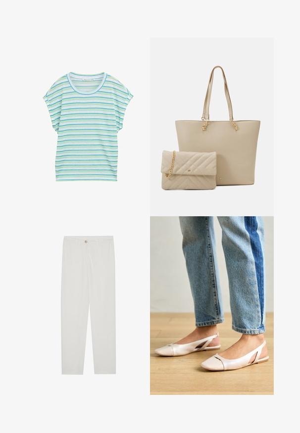 Pasi z dolgimi kratkimi rukavi v svetlo modri, zeleni in beli barvi. Ima okroglo izrez in ohlapen kroj ter je izdelan iz mehke, zračne tkanine.; Bela, krojena hlače z ravnimi nogami, ki vključujejo gumbasto zapiranje, zanke za pas in stranske žepe; gladka tekstura tkanine.; Svijetloružičaste slingback balerinke s šiljastim nožnim prstima, napravljene od glatkog materijala nalik koži. Imaju izrezane detalje sa strane i ravne pete.; Bežna torba z ravnimi ročaji, gladke teksture in zlatim okovjem, v kombinaciji z ujemajočo se prešito torbico z verižnim ročajem.