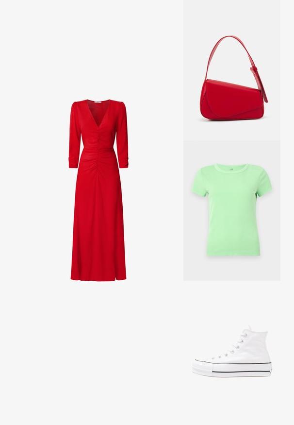 Tricou cu guler rotund, de culoare verde mentă, cu mâneci scurte și textură ribbed. Fabricat din bumbac moale, conceput pentru a se potrivi strâns pe corp. Fără logo-uri sau modele vizibile.; Rochie roșie cu decolteu în V, mâneci trei sferturi și detalii pliate la talie și spate. Materialul pare neted și ușor.; Adidași albi tip pantofi sport cu glezna din pânză, cu talpă din cauciuc negru, capac de vârf din cauciuc frontal și șase ochiuri pentru șireturi, având un design curat și minimalist.; Geantă de mână din piele roșie, cu un design unghiular și geometric. Dispune de o singură curea ajustabilă și un sistem de închidere cu clapetă, cu detalii cusute.