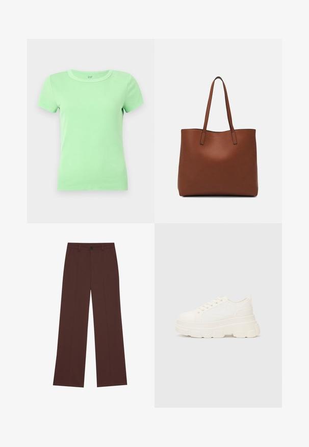 Miętowo-zielona, prążkowana koszulka z krótkim rękawem i okrągłym dekoltem. Wykonana z miękkiej bawełny, zaprojektowana w dopasowanej sylwetce. Brak widocznych logo lub wzorów.; Szerokie spodnie w bogatym brązowym materiale. Posiadają zapięcie na guzik, dwie przednie kieszenie, gładką teksturę i proste linie.; Białe płócienne trampki z grubą podeszwą, okrągłym noskiem i pięcioma oczkami na sznurowadła. Tylny uchwyt ułatwiający zakładanie. Gładka faktura, minimalistyczny design.; Brązowa skórzana torba tote o gładkiej fakturze, z otwartym wierzchem i dwoma ramiączkami. Charakteryzuje się minimalnym przeszyciem i brakiem widocznych elementów metalowych.