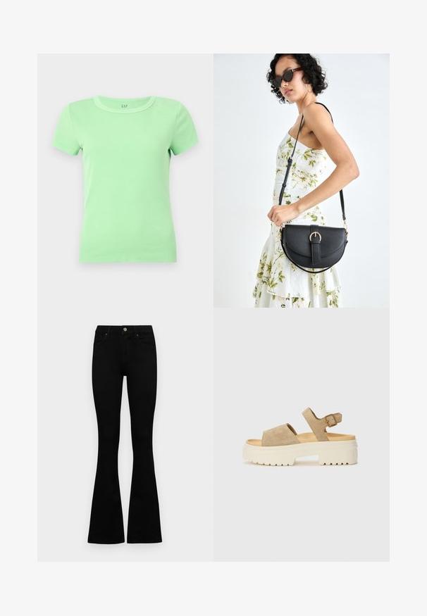 T-shirt mint verde a righe con scollo rotondo e maniche corte. Realizzato in morbido cotone, progettato per una silhouette aderente. Nessun logo o motivo visibile.; Jeans neri a vita alta con chiusura a bottoni e zip, tasche frontali e gambali svasati, distesi su uno sfondo bianco.; Sandali in suede color beige chiaro con una fascia ampia e fibbia regolabile alla caviglia. Suola bianca spessa con battistrada testurizzato per una migliore aderenza.; Borsa a tracolla nera in pelle con una forma curva, manico rimovibile e accessori dorati. La borsa presenta una patta con un dettaglio a fibbia.
