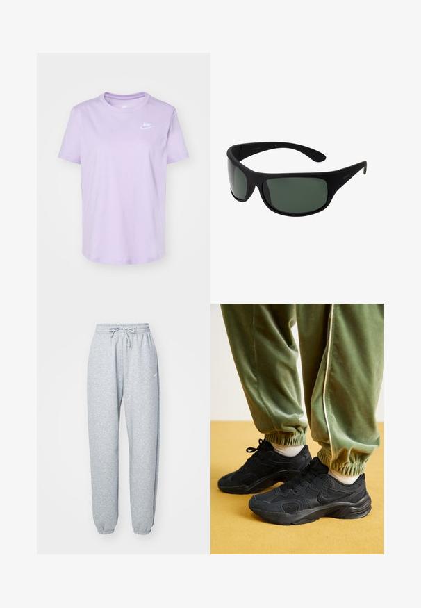 Nike Sportswear CLUB TEE - T-shirts - violet mist; Lys grå joggebukser laget av myk bomullsblanding, med elastisk liv med snor, avsmalnende ben og ribbede mansjetter. Minimal merkevaredetalj.; Sorte atletiske sneakers med mesh og syntetiske overlag, teksturert såle, paret med grønne, elastiske sweatpants med mansjetter, på gul overflate.; Sorte innpakningssolbriller med mørk grønne linser. Matt finish, buet design, med rette armer og diskret merkevare på siden.