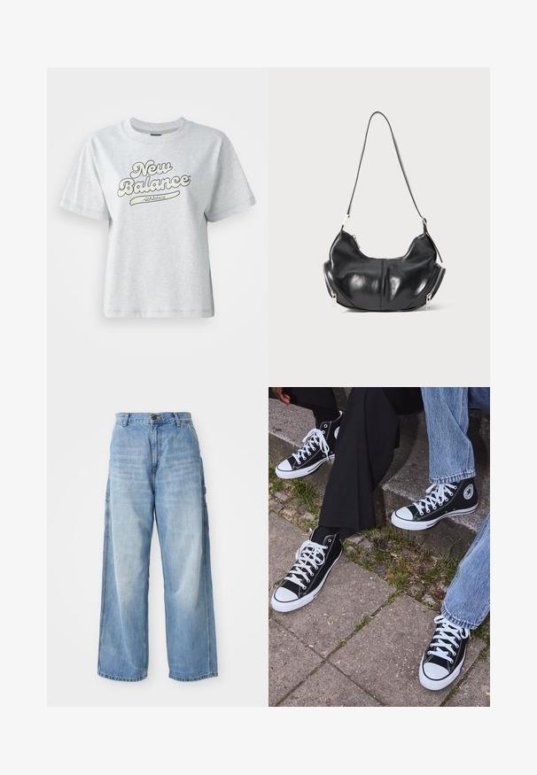 Camiseta de algodón gris con cuello redondo, mangas cortas y logo impreso de "New Balance Athletics" en azul y blanco.; Jeans de pierna ancha en color azul claro con una cintura alta, que cuentan con bolsillos laterales y una textura desgastada, confeccionados en material de mezclilla.; Zapatillas de lona negras de caña alta con suelas y cordones de goma blanca, con un logo circular en el lado, combinadas con unos pantalones de mezclilla y negros.; Bolso de hombro de cuero negro en forma de media luna con cremalleras plateadas a ambos lados y una sola correa.