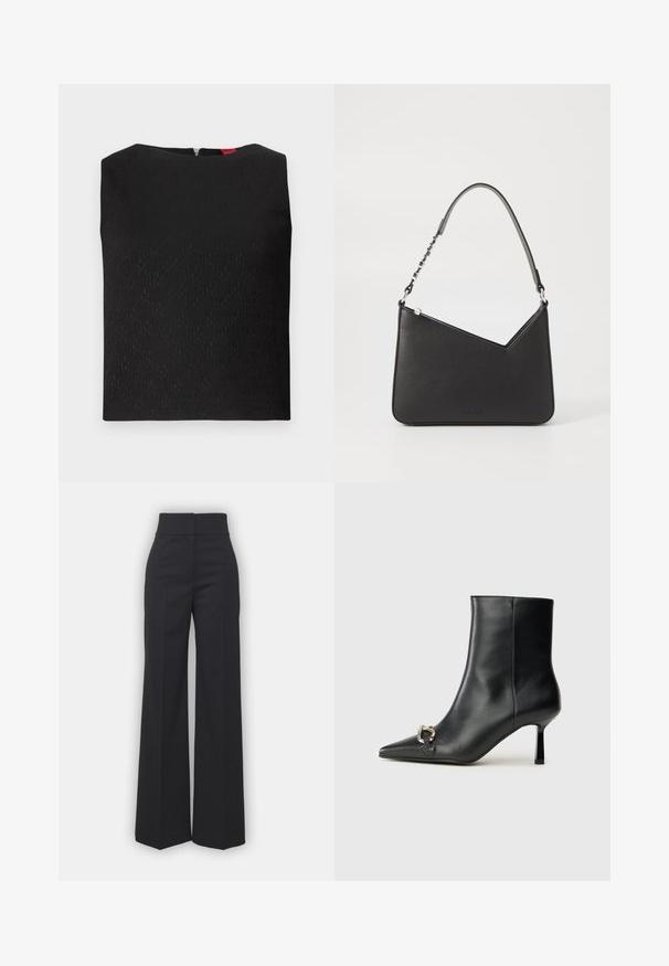 Zwarte mouwloze top met een gestructureerd patroon, vierkante halslijn en een rits aan de achterkant. Bevat subtiele logo-accenten in de stof geweven.; Wijdvallende broek in zwarte stof met een hoge tailleband, met een schone afwerking en een gladde textuur. Geen zichtbare hardware of patronen.; Zwarte leren enkelboot met spitse neus, slanke middenhoge hak en zilveren gespdetail aan de zijkant op een effen achtergrond.; Zwart leren handtas met een driehoekige vorm, een slanke strap en zilveren hardware. Voorzien van een ritssluiting en een reliëflogo op de voorkant.