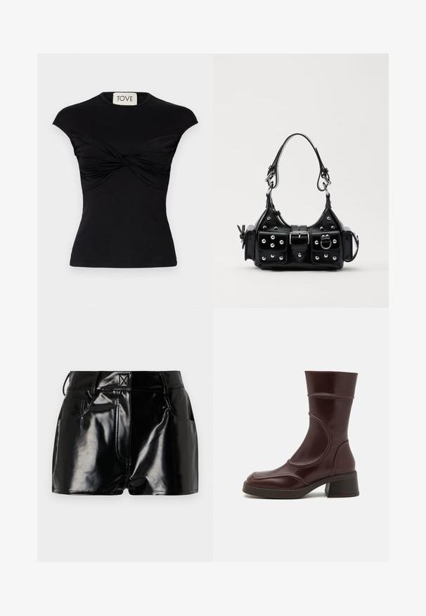 Top negro de manga corta con detalle de frente torcido y silueta ajustada. Fabricado con una tela elástica y suave. Marca: TOVE.; Shorts negros y brillantes de material sintético. Presentan una cintura ajustada, trabillas para el cinturón y bolsillos frontales con detalles de costura prominentes.; MIISTA MALENE - Botines - brown; Bolso de mano de cuero negro con un diseño curvado, que cuenta con tachuelas plateadas, una hebilla y dos bolsillos laterales. Correa ajustable para opciones de transporte.