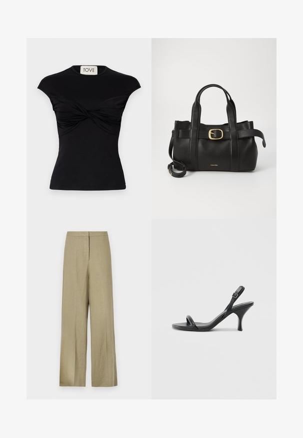 Black short-sleeve top featuring a twisted front detail and a fitted silhouette. Made from a smooth stretch fabric. Label: TOVE.; Light green, wide-leg trousers made from linen. Features a high waist and clean front design with a single pleat.; Black leather high-heeled sandals with a slim, curved heel and a crossed strap design. Adjustable ankle strap. Smooth texture.; Black leather handbag featuring a structured design, dual top handles, gold-tone buckle accent, and embossed brand logo at the front.