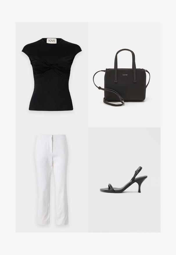 Must Kõhulahtiste Lühikeste Varrukatega Topp, millel on keeratud esiosa ja kehasõbralik siluett. Valmistatud sileda veniva kanga from. Silt: TOVE.; Valged puuvillased püksid sirge lõikega, keskmise kõrgusega vöökoht ja ilma nähtavate detailide või mustriteta. Ühtlane sile tekstuur.; Mustad nahast kõrgete kontsadega sandaalid, millel on saledad, kõverad kontsad ja ristatud rihma disain. Reguleeritav pahkluu rihm. Sile tekstuur.; Musthave mustrans vöö ja eemaldatav õlarihm. Gludike nahk siledaga, millel on tõmblukk ja logo detail.