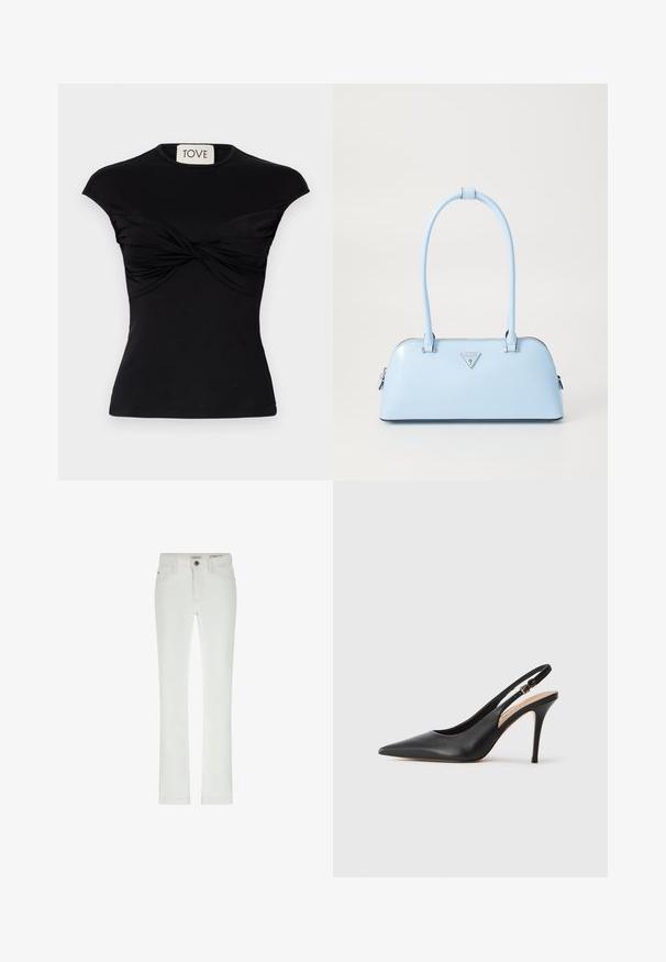 Juodas trumpas rankovės viršus su sukimu priekyje ir prigludusia siluetu. Pagamintas iš lygaus tamprumo audinio. Etiketė: TOVE.; Balti džinsai su siauru siluetu, 5 kišenėmis ir kontrastingomis siūlėmis. Yra sagos uždarymas ir subtilus prekės ženklas ant liemens.; Juoda odinė slingback aukštakulnė batai su smailiu pirštu, glotnia tekstūra ir delikatia juosta su metaline sagtimi.; Šviesiai mėlyna rankinė su struktūriška forma, lygaus odos paviršiaus, dviem rankenomis ir trikampiu prekės ženklo logotipu priekyje. Užtraukiama uždanga.
