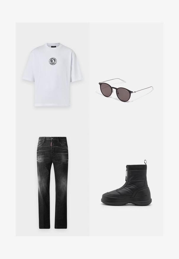 Valge puuvillane T-särk lühikeste varrukatega, mille esiosal on ümmargune must graafiline logo. Ümmargune kaelus, mugav lõige.; Mustad denim püksid otse lõikega. Omavad kulunud piirkondi, väikseid kahjustusi, klassikalist viit taskut ning nööpkinnitust.; Mustam veekindel talveking, millel on siledast sünteetilisest materjalist ülemine osa, tõmbluku sulgemine, pehmendatud kaelus ja tekstuuriga kummitald. Rõhutatud "MOON BOOT" brändingu kaudu.; Mustad mustad prillid tumedate läätsedega ja õhukeste metallist käepidemetega. Kaarja kujuga seljaosa ja hõbedased aktsendid hingel. Minimalistlik disain.
