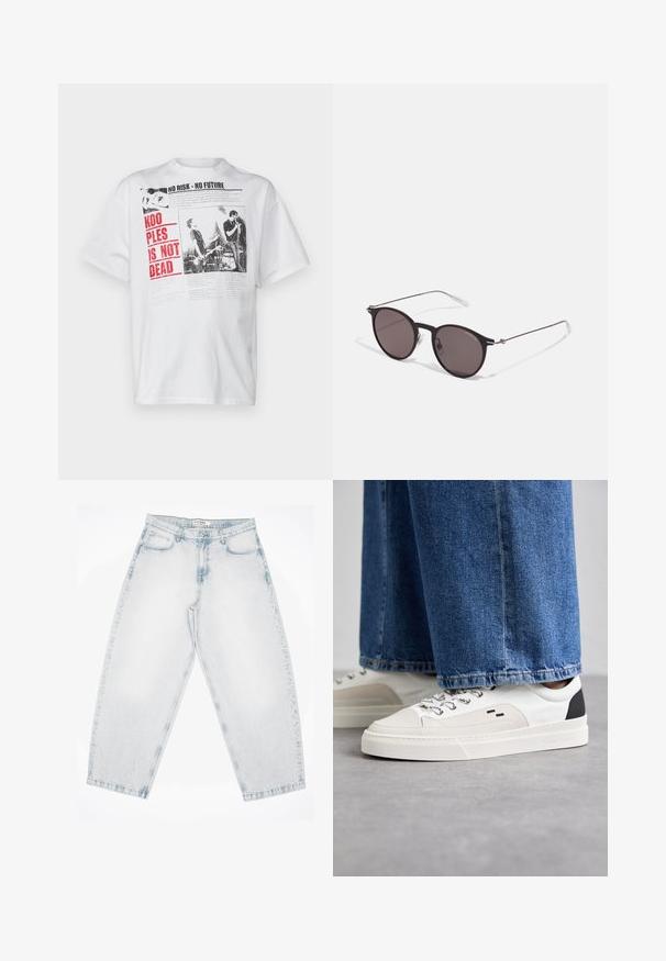 The Kooples T-shirts print - ecru; Lys blå denimjeans med en løs, baggy pasform. Har fem lommer, knaplukning og syede detaljer. Blegede tekstur og lige ben.; Hvide og sorte sneakers med en glat læderoverdel, teksturerede detaljer og en kraftig hvid sål. Har et klassisk snørebåndsdesign.; Sorte runde solbriller med mørke linser og slanke metalarme. Inkluderer klare tempeltips og sølvdetaljer ved hængslet. Minimalistisk design.