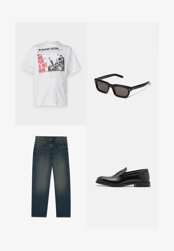 The Kooples T-Shirt print - ecru; Dunkelblaue Denim-Jeans mit geradem Schnitt, fünf Taschen-Design und leichter Waschung an den Beinen. Geeignet für legere Anlässe.; Schwarze Lederloafers mit glatter Textur, rundem Zehenbereich und einem dekorativen Riemen über dem Vorderfuß. Niedriger, gestapelter Absatz, minimalistisches Design.; Schwarze rechteckige Sonnenbrille mit dunklen Gläsern, dickem Kunststoffrahmen, goldenen Akzenten an den Bügeln und eingraviertem Markenlogo am Arm.