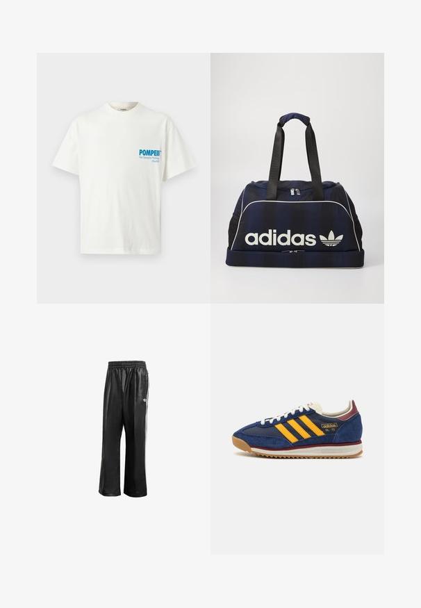 Λευκό βαμβακερό μπλουζάκι με κοντά μανίκια. Διαθέτει μπλε κείμενο στο αριστερό στήθος: "POMPEII We Champion Walking (Μαδρίτη)." Απλός σχεδιασμός.; Μαύρα συνθετικά παντελόνια προπόνησης με ελαστική μέση, με λευκές λωρίδες στο πλάι και ένα μικρό λευκό λογότυπο στην αριστερή γοφό.; Ναυτικά σουέτ sneakers με κίτρινες ρίγες, λευκή κορδέλα και μπορντό λεπτομέρειες. Υφασμάτινη σόλα με αυλάκια για πρόσφυση. Λογότυπο της μάρκας στο πλάι.; Ναυτικό σάκο με λευκό λογότυπο Adidas, με καπάκι με φερμουάρ, δύο ανθεκτικές μαύρες λαβές και πλαϊνές τσέπες από δίχτυ. Λείο ύφασμα.