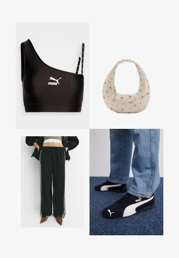 Black sports bra with one shoulder strap, featuring a white Puma logo. Smooth, stretchy fabric with a sleek design and contrast strap detailing.; Black, loose-fitting joggers with elastic waistband and side pockets, featuring contrasting light beige stripes along the legs.; Black suede sneakers with white accents, featuring a gold logo. Worn with light blue denim jeans and set on a textured blue surface.; Beige leather bag with a hobo shape, featuring silver metal studs in varying sizes across the exterior, contrasting zipper closure.