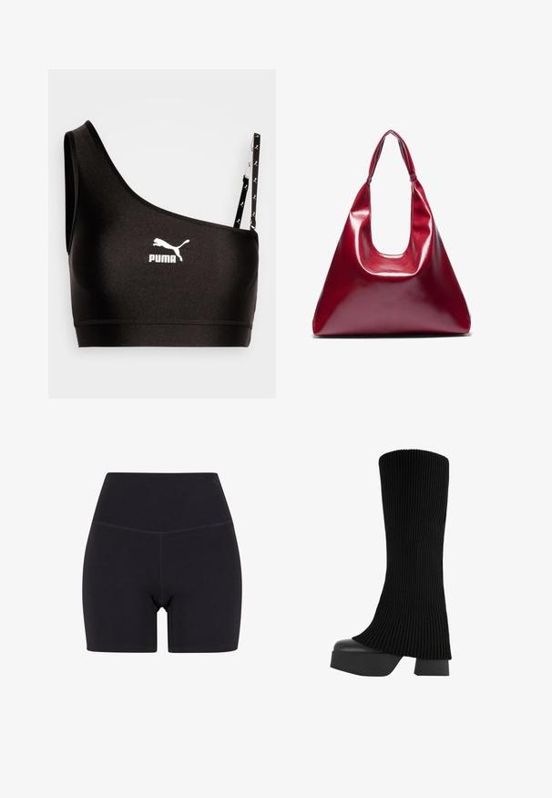 Schwarzer Sport-BH mit einem Schulterträger, versehen mit einem weißen Puma-Logo. Glattes, dehnbares Material mit einem eleganten Design und kontrastierenden Trägerdetails.; Schwarze, hochtaillierte Shorts aus dehnbarem Stoff. Verfügt über einen elastischen Bund, eine glatte Textur und reicht bis zur Mitte des Oberschenkels mit einem nahtlosen Design.; Schwarze knielange Stiefel mit einem gerippten Stoffobermaterial, klobiger Plateausohle und Blockabsatz, ausgestattet mit einer glatten Textur und elegantem, modernem Design.; Rote glänzende Lederhandtasche mit dreieckiger Form, breiter Öffnung oben und einem geschwungenen Griff. Glatte Textur mit minimalen Nähdetails.