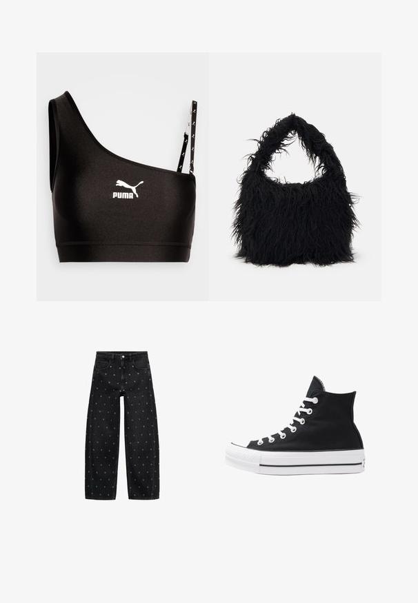 Mustavärinen urheiluliivi yhdellä olkahihnalla, jossa on valkoinen Puma-logo. Silkkinen, joustava kangas ja tyylikäs muotoilu, jossa on kontrastivärinen hihnajakin detalji.; Mustat farkut, joissa on leveät lahkeet ja pieniä hopeisia niittejä, klassinen viisi-taskuinen muotoilu ja nappisuljenta edessä.; Korkean ylösulkeutuvan mustan kankaan lenkkitossun, jossa on valkoiset rei'itykset, nauhat ja kumipohja. Sisältää teksturoituneen kärkitilan ja musta-valkoiset raidat.; Even&Odd Shopping bag - black