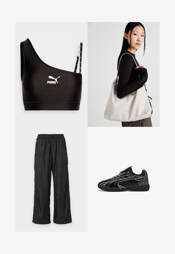 Sujeción deportiva negra con un tirante, que presenta un logo de Puma en blanco. Tela suave y elástica con un diseño elegante y detalles de tirante en contraste.; Pantalones de chándal ligeros de nylon negro con cinturilla elástica y corte recto holgado, mostrados sobre un fondo blanco liso.; Zapatilla deportiva negra con un diseño elegante, que presenta un acabado brillante, acentos blancos, paneles de malla para transpirabilidad y una correa de velcro.; Bolso de mano beige hecho de material suave, con un diseño holgado, detalles cosidos y dos asas. Adecuado para uso diario.
