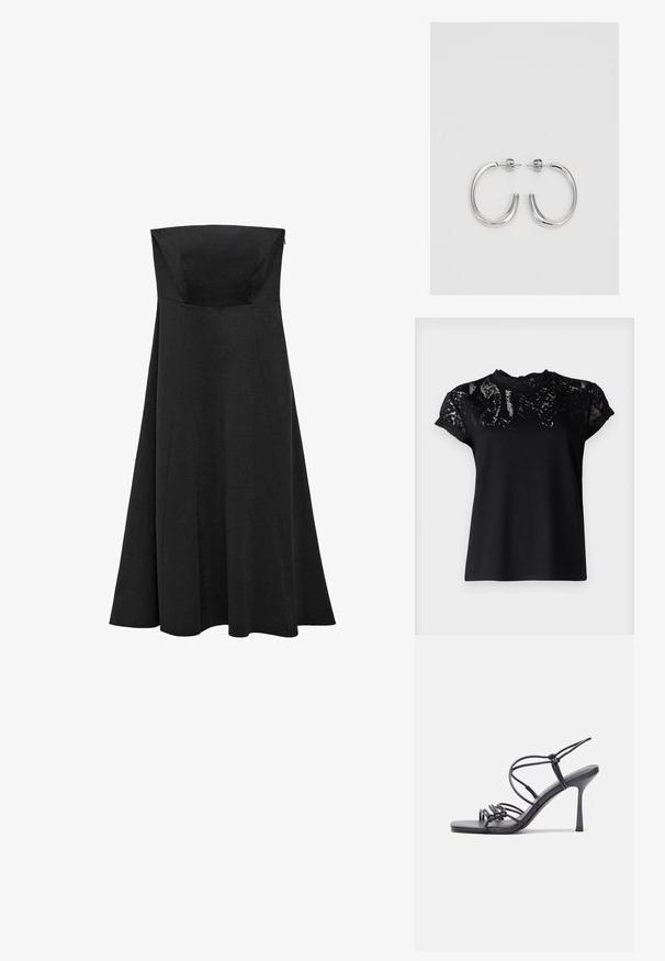 AllSaints ANNA SNAKE TEE - Tricou cu imprimeu - black; Rochie neagră fără bretele, cu un corset ajustat și fustă flared, de lungime până la podea. Confecționată dintr-un material neted, fără modele sau accente vizibile.; Sandale negre cu toc înalt au curele subțiri cu un design legat, un vârf pătrat neted și un toc stiletto elegant.; Geantă metalică gri deschis, cu un strap din lanț, decorată cu mici ținte circulare metalice și un logo de marcă triangular.; Cercei creole din argint cu suprafață netedă și lucioasă, având o formă curbată și închidere cu tija. Design minimalist cu un finisaj modern.