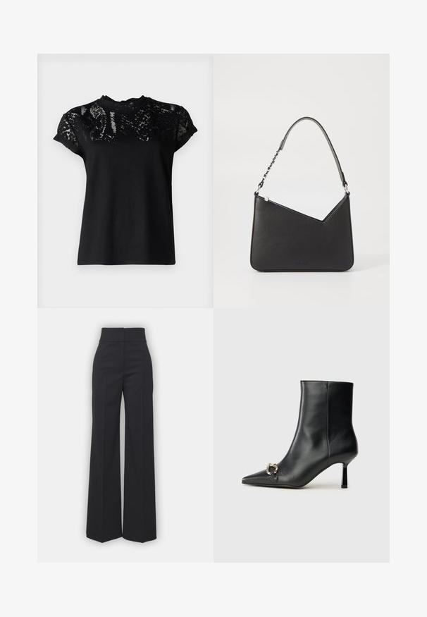 AllSaints ANNA czarny; Szerokie spodnie w czarnym materiale z wysokim stanem, charakteryzujące się czystym wykończeniem i gładką teksturą. Brak widocznych elementów metalowych i wzorów.; Czarny skórzany botek za kostkę z szpiczastym noskiem, smukłym średnim obcasem i srebrnym zapięciem po boku na jednolitym tle.; Czarna skórzana torebka o trójkątnym kształcie, z cienkim paskiem i srebrnymi elementami. Posiada zamek błyskawiczny oraz wytłoczone logo z przodu.