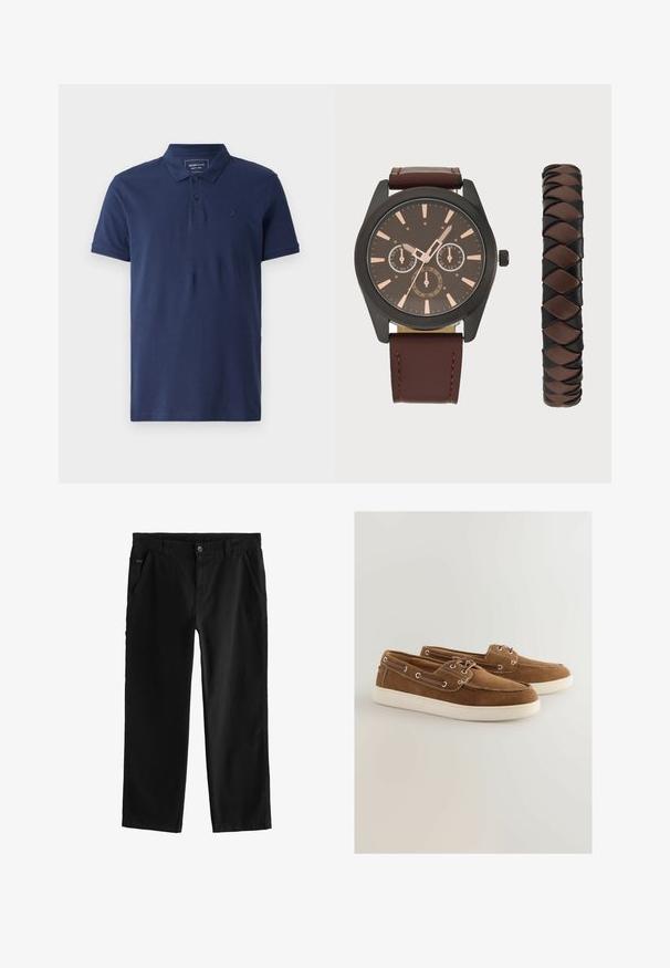 Polo majica temno modre barve, izdelana iz bombaža, z zapenjanjem na tri gumbe, kratkimi rokavi in subtilnim logotipom na prsih. Gladka tekstura.; Črne bombažne hlače s ravnim krojem, ki vključujejo sprednjo gumbno zapiranje, nagnjene stranske žepke in subtilne šive.; Rjave semiš čevlje z belim gumijastim podplatom, vezalni dizajn, kovinske luknjice in kontrastno šivanje ob robovih.; Pier One SET - Ura - black/brown; Pier One SET - Ura - black/brown