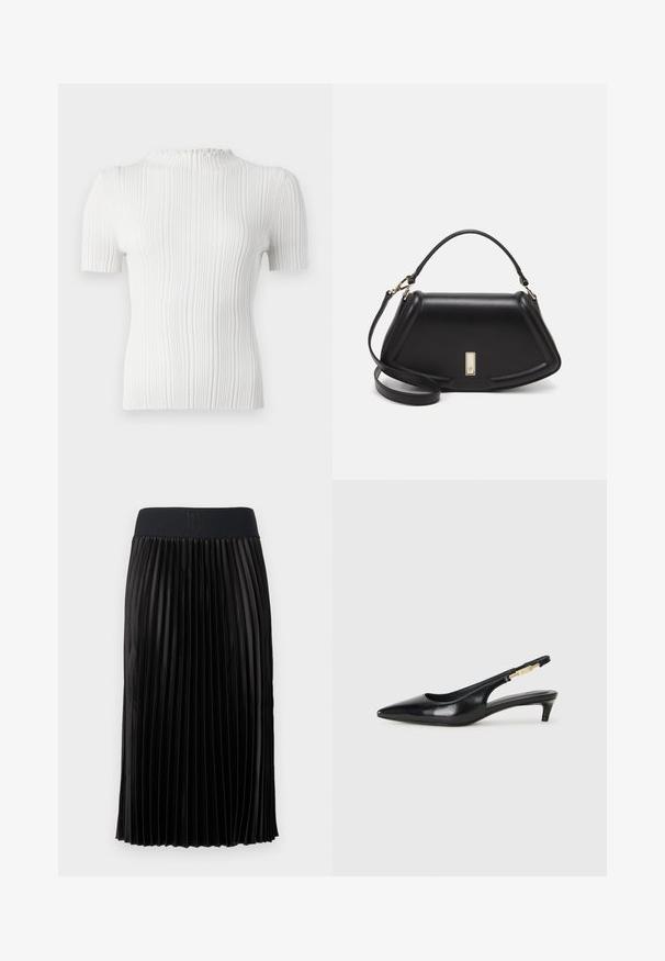 White ribbed short-sleeve top with a high neck and textured finish. Features subtle vertical lines and a fitted silhouette.; Black pleated skirt with a smooth texture, featuring a wide black waistband embossed with "HUGO." Knee-length design.; Black leather slingback heels with a pointed toe, featuring a slim heel and a gold-tone accent on the adjustable strap. Smooth texture.; Black leather handbag with a structured design, featuring a cropped shape, top handle, and gold hardware accent. Adjustable shoulder strap included.