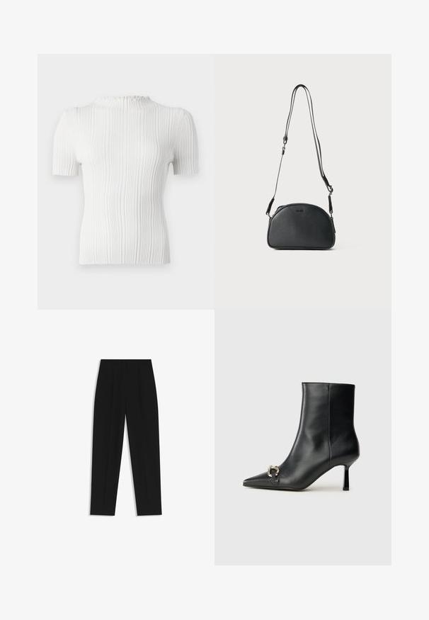 Top bianco a coste con maniche corte, colletto alto e finitura testurizzata. Presenta sottili linee verticali e una silhouette aderente.; Pantaloni neri a taglio dritto, con doppie pieghe, una texture liscia e un design classico in vita. Nessun hardware o dettaglio visibile.; Stivale alla caviglia in pelle nera con punta affusolata, tacco sottile di media altezza e dettaglio in fibbia argentata sul lato, su sfondo semplice.; Borsa a tracolla in pelle nera di forma arrotondata, con due cinturini regolabili e un logo sottile sulla parte anteriore. Esterno testurizzato, design minimalista.