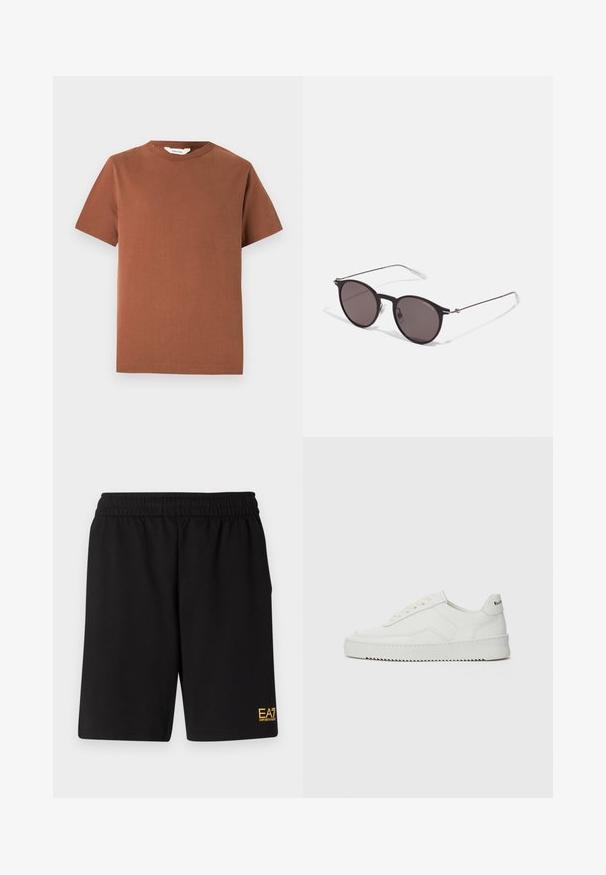 Ruda trumpa rankovė t-shirt su apvalia iškirpte, pagaminta iš minkštos medvilnės, turi paprastą dizainą be matomų raštų ar papuošimų.; Juoda sportinė šortai, pagaminti iš minkštos medžiagos, su elastingu diržu ir maža geltona EA7 logo apatinėje kairėje kojoje.; Balti odiniai sportiniai bateliai su lygia apdaila, apvaliu pirštu, plokščiais raišteliais ir tekstūruotu padu. Pasižymi subtiliu logotipu ant kulno.; Juodos apvalios saulės akinių su tamsiais lęšiais ir plonomis metalinėmis šakomis. Įtraukti skaidrūs šventyklų galai ir sidabriniai akcentai vyrio srityje. Minimalistinis dizainas.