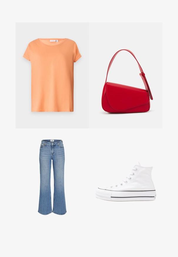 Short-sleeve t-shirt in light orange, made from soft cotton fabric. Features a round neck and rolled sleeves, with a straight hem.; Light blue denim flared jeans with a high waist, featuring front pockets, a zip fly, and subtle fading. Stitching is visible along edges.; White high-top canvas sneaker with black rubber sole, front rubber toe cap, and six eyelets for laces, featuring a clean, minimalist design.; Red leather handbag with an angular, geometric design. Features a single adjustable strap and a flap closure with stitched detailing.
