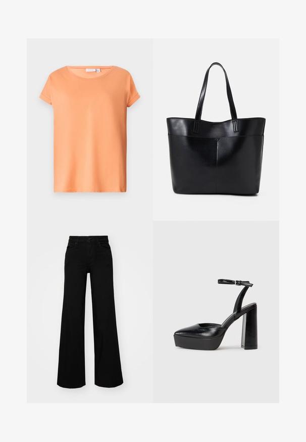Rövid ujjú póló világos narancssárga színben, puha pamutanyagból készült. Kerek nyakkivágással és felhajtott ujjakra jellemző, egyenes szegéllyel.; Fekete, bő szárú farmernadrág, amelynek állítható derékrésze van, övhurkokkal és elülső zsebekkel. Simaság jellemzi, klasszikus dizájnnal.; Fekete platform magassarkú cipők hegyes orral és állítható bokapánttal. Sima bőrből készült, vastag talppal.; Fekete bőr bevásárlótáska két hosszú fogantyúval, sima felülettel és strukturált formával. Elülső zseb található rajta a plusz tárolás érdekében.