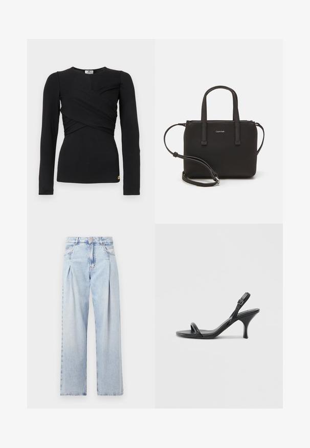 Juodas ilgomis rankovėmis viršus su apvijos dizainu ir tampria medžiaga. Savybė - apvalus iškirpimas ir mažas logotipo akcentas apačioje.; Šviesiai mėlyni džinsai su aukštu liemeniu, plačiomis kojomis, dviem šoninėmis kišenėmis ir raukinių dizainu. Minkšta tekstūra su nudilusia apdaila.; Juodos odinės aukštakulnės šlepetės su plonu, kreiviu kulnu ir kryžminiu dirželio dizainu. Reguliuojamas kulkšnies dirželis. Lygus paviršius.; Juoda rankinė su dviem trumpais rankenėlėmis ir nuimamu petį. Lygaus odos tipo medžiaga su užtrauktuku ir logotipo detale.