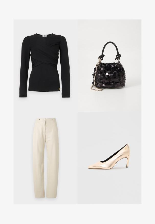 Fekete, hosszú ujjú, átkötős tervezésű felső elasztikus anyagból. Kerek nyakú, az alján pedig egy kis logó díszítéssel.; Beige egyenes szabású nadrág, gombos és cipzáras záródással, övhurkokkal és oldalsó zsebekkel, síma fehér háttérrel.; Beige fényes magas sarkú cipő, hegyes orral és sima textúrával, fekete béléssel. Kicsi logó részlettel a saroknál.; Fekete flitteres mini kézitáska csomózott textúrájú pánttal és ezüst lánccal. Lekerekített forma, ráncolt tetejével és fényvisszaverő részletekkel.