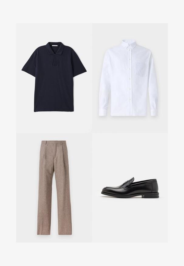 Polo majica tamnoplave boje izrađena od pamuka, s ovratnikom, kratkim rukavima i plaketom s dva gumba, s glatkom teksturom.; Bijela košulja s dugim rukavima na dugme, izrađena od pamuka, s džepom na prsima s ton-sur-ton vezom, ovratnikom i dugmadi na manžetama.; Smeđe, hlače viskog struka od teksturiranog materijala. Imaju široke nogavice i dva prednja pregiba za strukturu. Uređen završetak bez vidljivih metalnih dijelova.; Crni kožni mokasini s glatkom teksturom, zaobljenim prstima i ukrasnom trakom preko prednjeg dijela. Niski slojeviti potplat, minimalistički dizajn.
