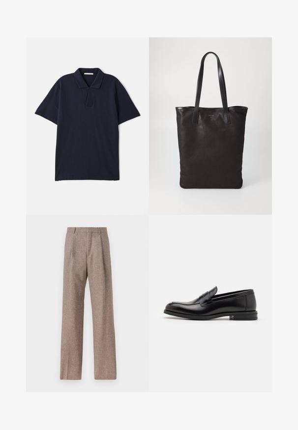 Granatowa koszulka polo wykonana z bawełny, z kołnierzykiem, krótkimi rękawami oraz zapięciem na dwa guziki, o gładkiej fakturze.; Brązowe, wysokiej talii spodnie wykonane z teksturowanej tkaniny. Posiadają szerokie nogawki i dwa przednie zakładki dla lepszej struktury. Starannie wykończone, bez widocznych elementów metalowych.; Czarne skórzane mokasyny o gładkiej fakturze, zaokrąglonym nosku i dekoracyjnym pasku na przodzie. Niski, warstwowy obcas, minimalistyczny design.; Czarna torba na ramię z czarnymi skórzanymi uchwytami. Prosty design, pojemne wnętrze i gładka faktura. Bez widocznych logo ani wzorów.