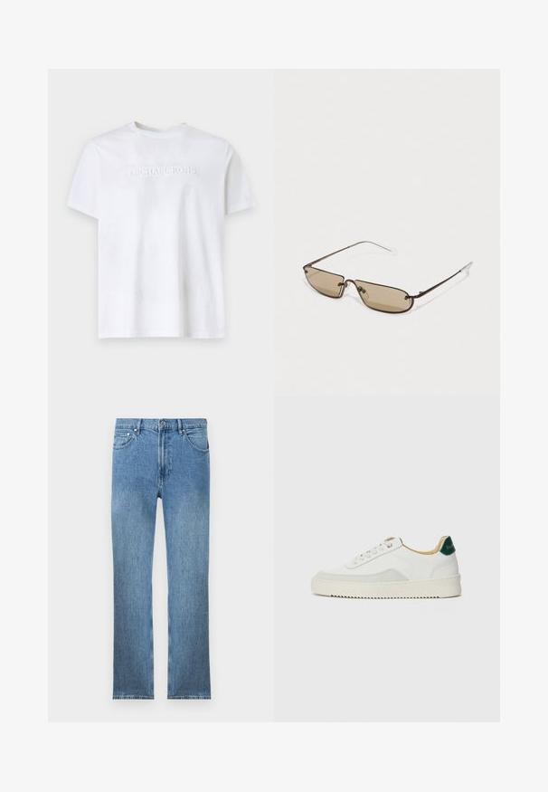 Bílý krátký rukáv tričko s kulatým výstřihem a vyraženým logem "MICHAEL KORS" umístěným na hrudi na jednobarevném pozadí.; Světlé modré džínové kalhoty se rovný střih, pěti kapsami, zipem a kontrastním prošíváním. Tkanina má hladký, texturovaný povrch.; Bílé tenisky se semišovými prvky, kulatou špičkou, plochými tkaničkami a krémovou gumovou podrážkou. Na patě mají zelené logo.; Hnědé kovové obdélníkové sluneční brýle s hnědými zabarvenými skly a tenkými průhlednými koncovkami ramínek, s minimalistickým designem a diskrétním logem.