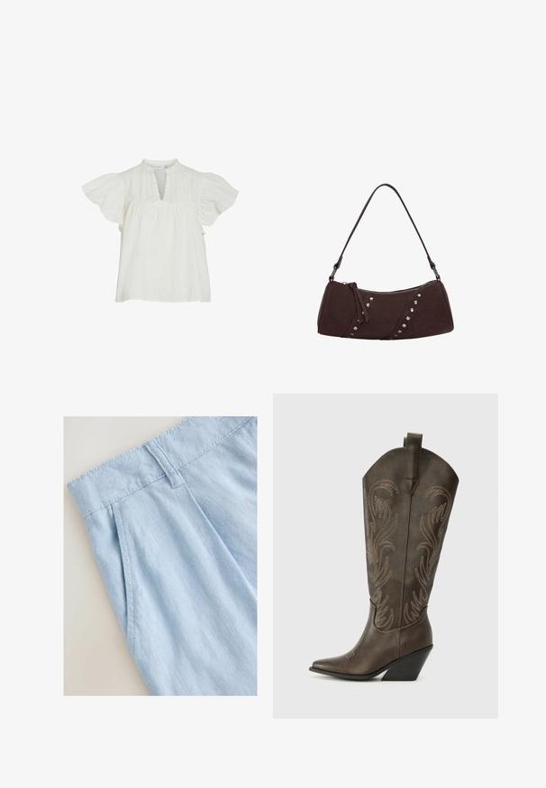 Blusa bianca con maniche corte a sbuffo, scollatura a V, dettagli testurizzati e tessuto arricciato sul corpino, realizzata in materiale leggero.; Pantaloni corti in lino blu chiaro con design plissettato, caratterizzati da una vita e dettagli di cucitura. Texture liscia e stile casual.; Stivale da cowboy in pelle marrone con punta affusolata, tacco a cuneo e ricami decorativi. Presenta un'asta alta e una linguetta per facilitare l'indossamento.; Borsa a tracolla in finta pelle marrone con forma curva, chiusura con zip e borchie decorative argentate su un lato. Presenta una spallina corta.