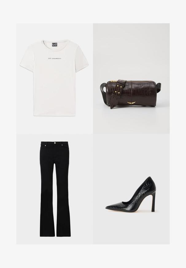 Biely bavlnený tričko s okrúhlym výstrihom a krátkymi rukávmi. Na prednej strane má text "EA7 EMPORIO ARMANI" v čiernej farbe.; Čierne rozšírené džínsy vyrobené z denimu, s dvoma prednými vreckami, zapínaním na gombík a hladkým povrchom. Viditeľné podpisové šitie na švoch.; Čierna lodička s špicatou špičkou a lakovanou textúrou krokodíla, s elegantným dizajnom, vysokým stiletto podpätkom a hladkým čiernym interiérom.; Hnedá taška z kože s embosovaným vzorom krokodíla, cylindrického tvaru, so zlatými hardvérovými doplnkami a odnímateľným popruhom so štítkami.