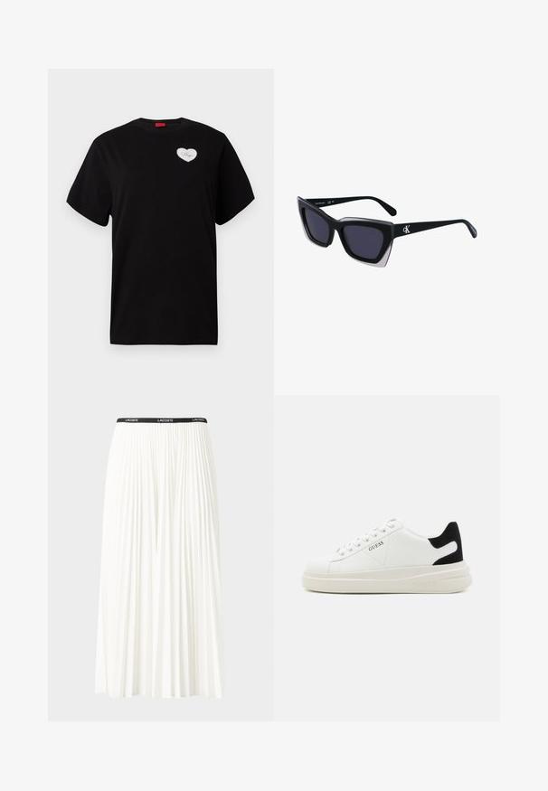 Must have lühikeste varrukatega t-särk, mis on valmistatud puuvillast. Esiküljel on südame kujuline valge plekk, millel on vasakul rinnal käekirjatüüpi tekst "Hugo".; Kurtitudega valge seelik musta elastse vööga, millel on "LACOSTE" logo. Keskmise pikkusega disain pehme tekstuuriga.; Valged nahast tennisetossud paksu valge tallaga, musta sametist kontsakeeuga ja külje peal riigilogo reljeefne kujundus. Lukkeskeem kuue silmaauguga.; Mustad suured mustad prillid geomeetrilise kujuga, tumedate läätsedega ja kontrastse halli detailiga raamidel. Logo käe peal.