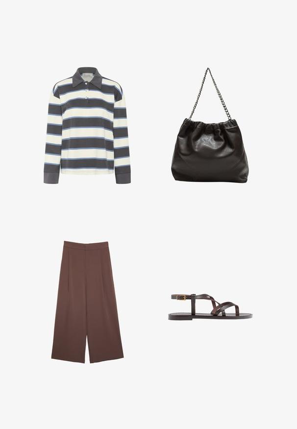 Polo majica s dolgimi rokavi v mornarsko modri in beli vodoravni črti z svetlo modrimi detajli. Ima ovratnik in tri gumbe na zapenjanju.; Rjave široke hlače z gladko teksturo, ki imajo visok pas in sprednje naborke. Tkanina je lahka in prosto pada.; Rjav usnjen sandal z načinom prečnega črta, zaklepom okoli gležnja in ravnim podplatom z minimalnimi šivi.; Rjava usnjena torba z nabranim vrhom in verižnim trakom. Gladka tekstura z sijajno površino in subtilnimi šivi na straneh.